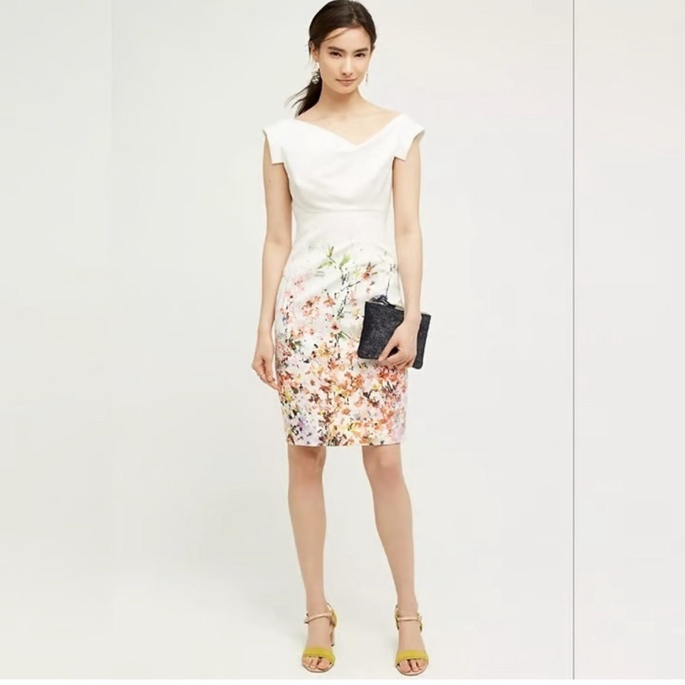 Black Halo Short Sleeve Sheath Midi Dress White Floral Print Size 8 NWT